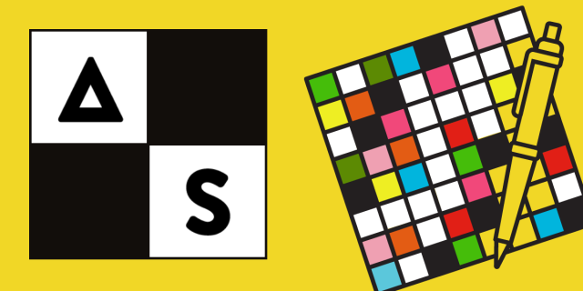 The Autostraddle logo (AS) has been situated inside a tiny crossword grid to the left, and colorful crossword-like puzzle is the right near a pen, all on a bright yellow background