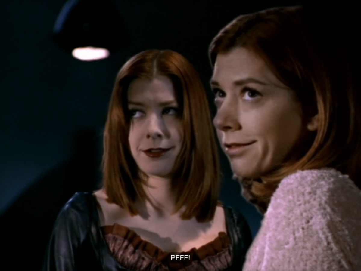 Vampire Willow and fuzzy Willow both rolling their eyes at Anya, who is offscreen