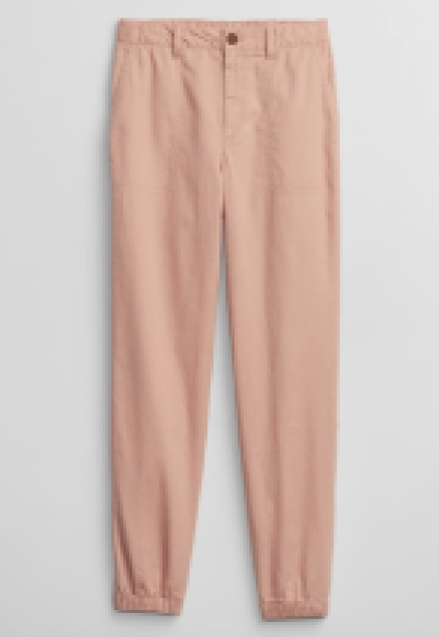 a pair of pale pink joggers