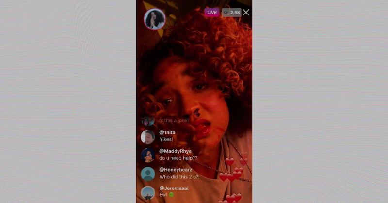 An Instagram live where Aisha Dee as Cecelia has a bloody nose and the comments are all concerned.