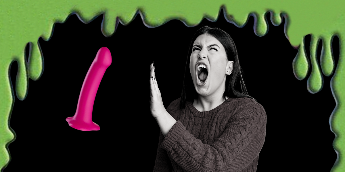 Green slime drips down from the top and sides of the image. Against a black background, there is a black and white photo of a woman with long, dark hair wearing a sweater. She holds up one hand and opens her mouth as if she's screaming. On her left, there is a pink dildo.