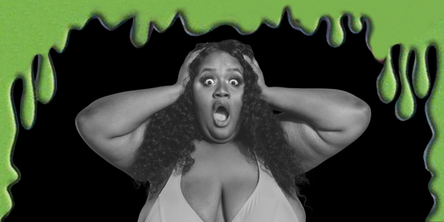 Green slime drips down from the top and sides of the image. Against a black background, there is a black and white image of a curvy Black woman with long wavy hair and long eyelashes. She wears a low-cut halter top. She puts her hands against the sides of her head and opens her mouth as if she's screaming.