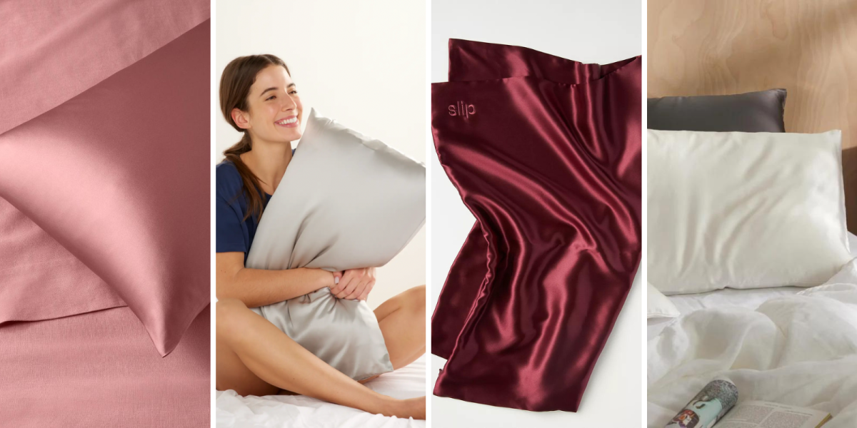 A collage of silk pillowcases, left to right: a close up of a pink silk pillowcase, a person hugging a grey silk pillowcase, a close up of a burgundy silk pillowcase, and a close up of a white silk pillowcase on a made bed.