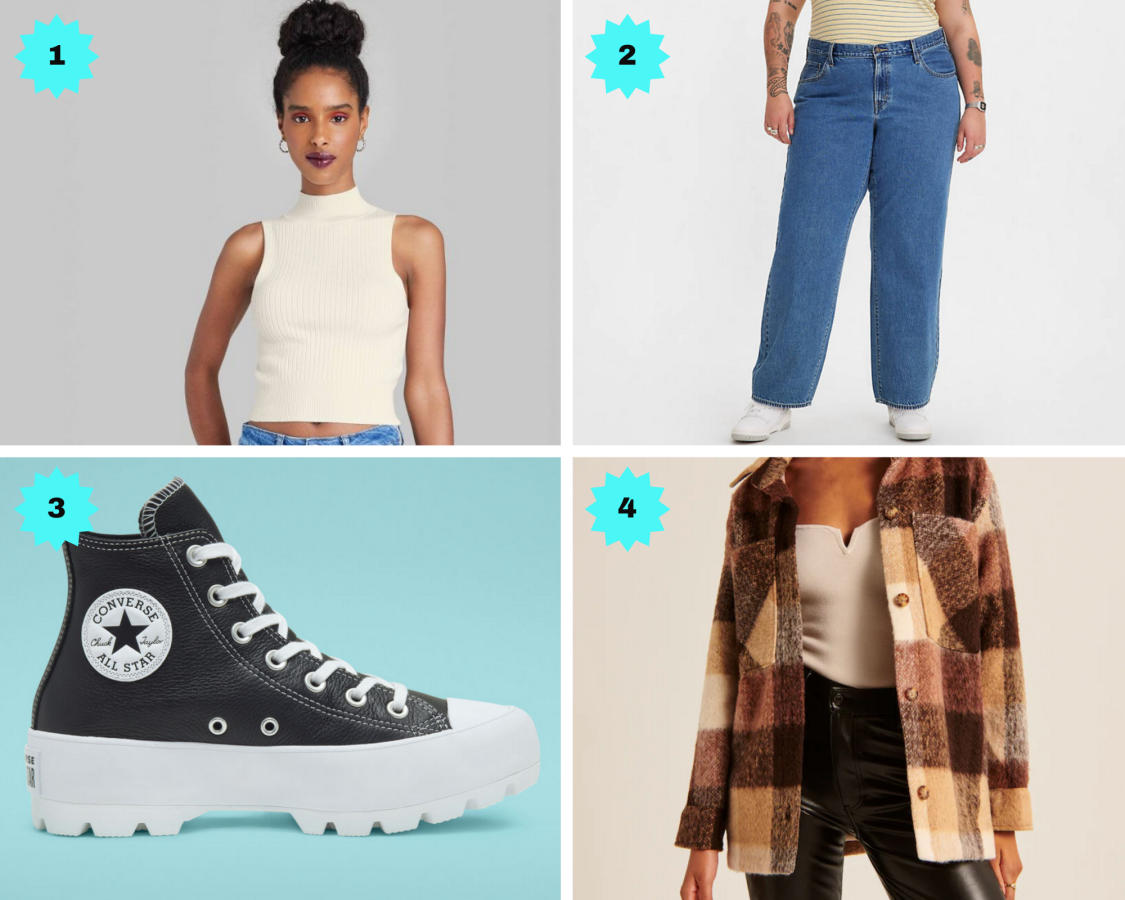 Photo 1: A cream sweater tank. Photo 2: A pair of baggy jeans. Photo 3: A pair of leather Converse hightops. Photo 4: A brown plaid shearling jacket.