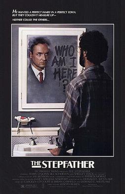 the cover of The Stepfather showing a man wearing a flannel shirt looking into a foggy mirror and seeing a man in a suit with "who am i here?" written on the mirror in steam