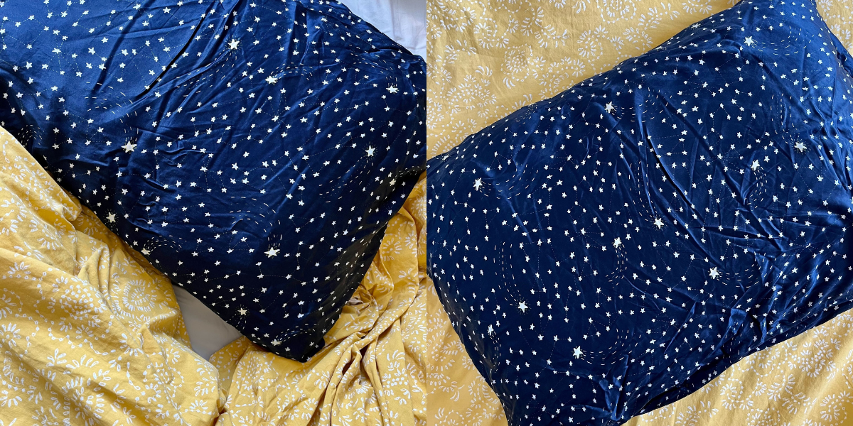 A side-by-side close up of a navy blue silk pillow case with a star pattern, laying on top of gold colored sheets