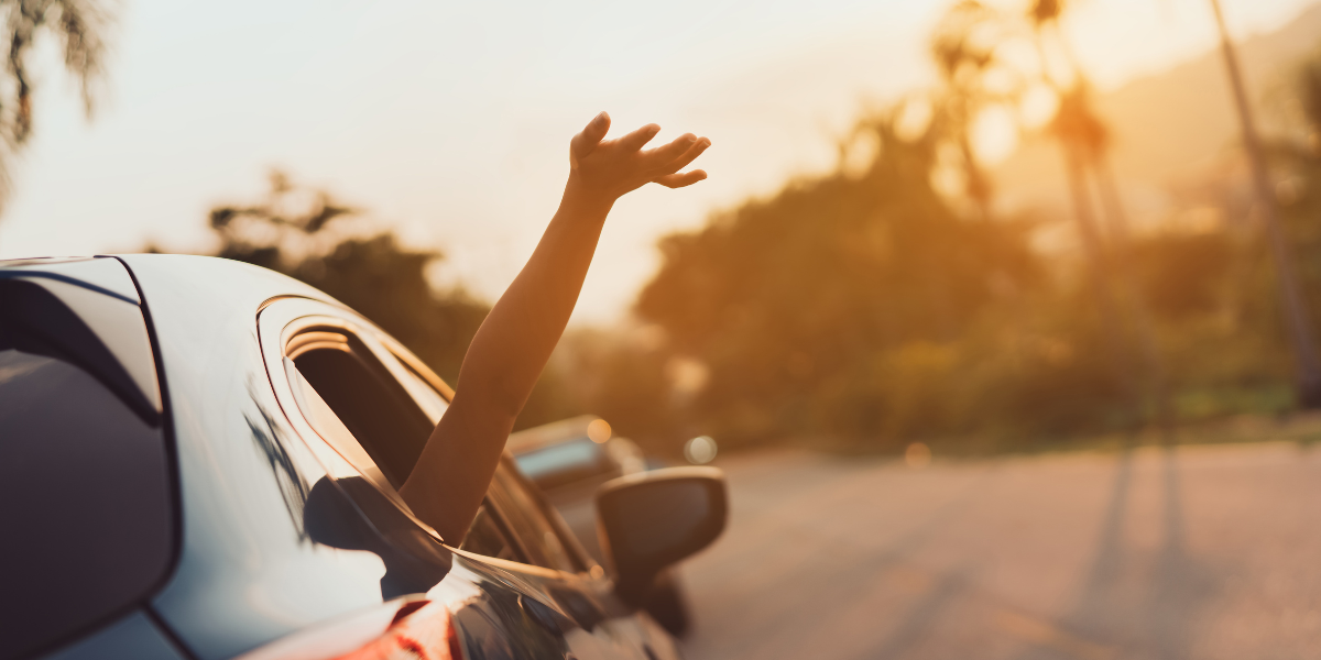 A blue car drives into the sunset. Trees and shadows are visible ahead. A white person throws one arm out the window and reaches into the air.