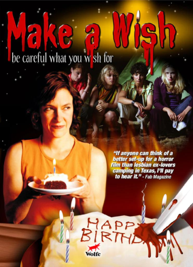 Make a Wish movie poster, featuring a woman holding a slice of cake and a knife going into a bloody cake that says HAPPY BIRTHDAY