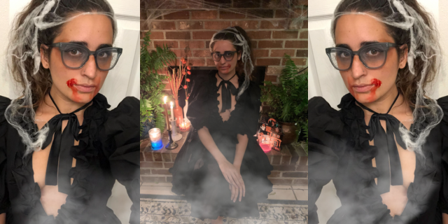 a collaged image of Kayla as Fright Dyke which means she has spooky makeup and fake blood on and spiderwebs in her hair as well as a black dress