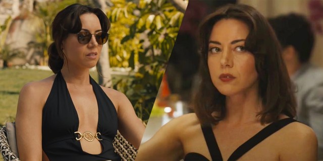 Aubrey Plaza glaring while wearing a swimsuit, and Aubrey Plaza glowering while wearing an evening dress