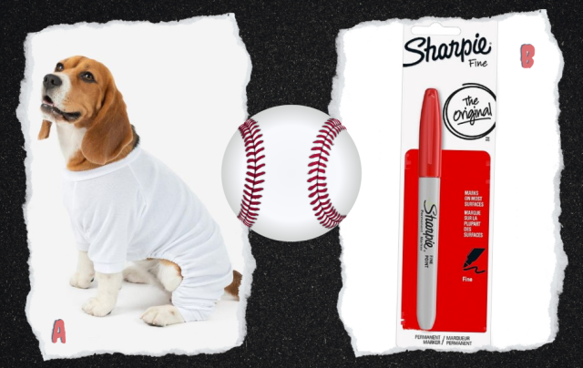 Collage: A beagle wearing white pajamas, a baseball, and a red sharpie