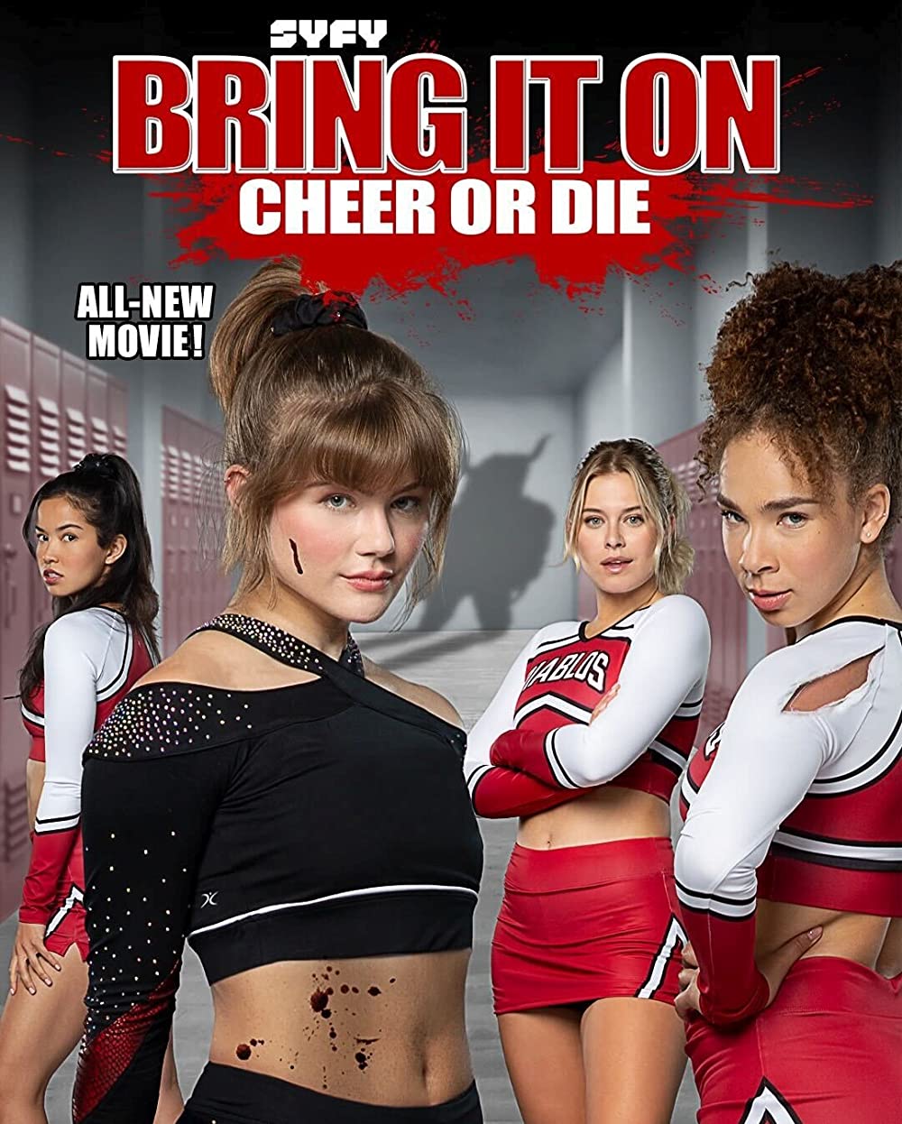the cover of syfy bring it on cheer or die showing several girls in dance costumes, the one closest to the foreground speckled in blood