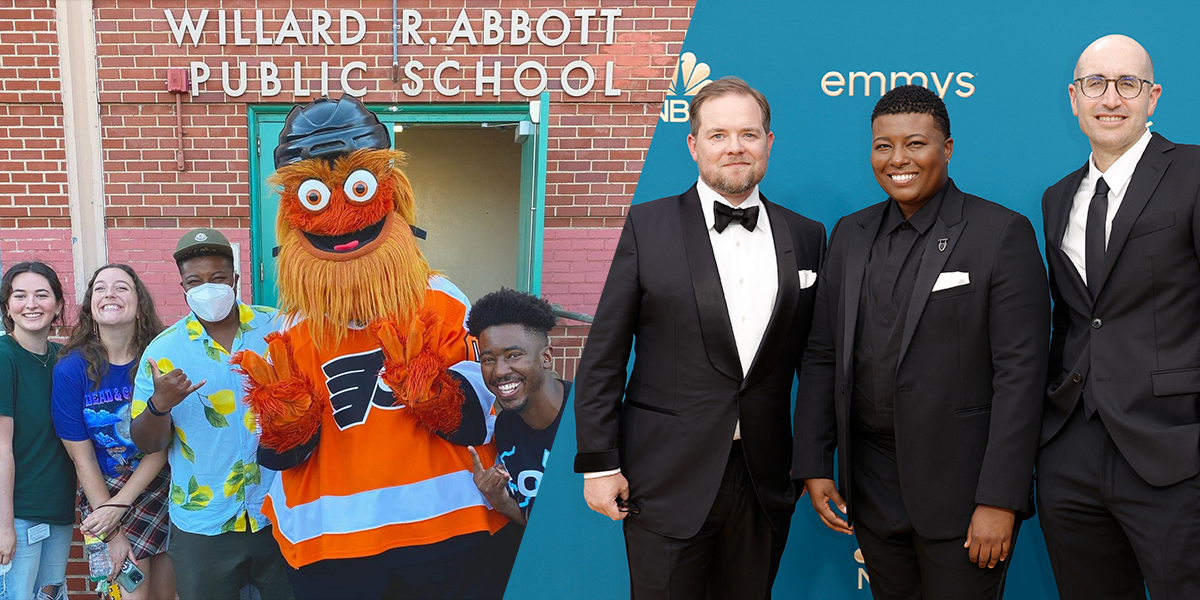 Brittani Nichols and the Abbott Elementary crew with Gritty and on the red carpet at the Emmys