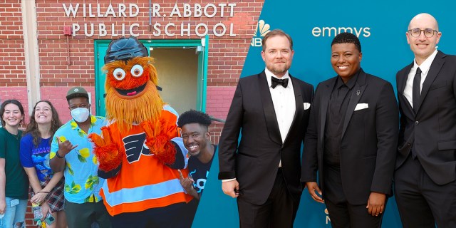 Brittani Nichols and the Abbott Elementary crew with Gritty and on the red carpet at the Emmys
