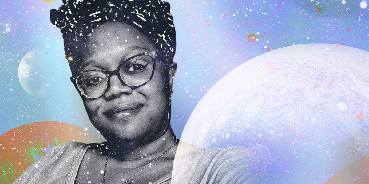 A collage of a black and white headshot of Carmen Phillips our Editor in Chief against a spacey background with floating etherial planets. Carmen is a Black woman wearing a hair wrap, glasses, and a delicate necklace. She has a small knowing smile.