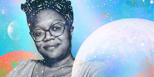 A collage of a black and white headshot of Carmen Phillips our Editor in Chief against a spacey background with floating etherial planets. Carmen is a Black woman wearing a hair wrap, glasses, and a delicate necklace. She has a small knowing smile.
