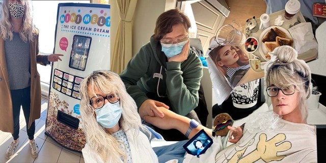 The writer, Niko Stratis, stands next to a Mini Melt vending machine, wears a mask in the hospital, and is watching M*A*S*H in her hospital bed. There's a tray of hospital food.