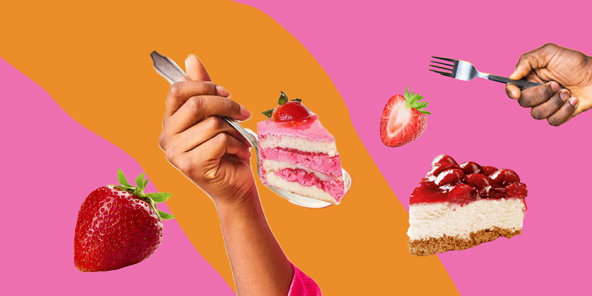 A hand holding a slace of cake, another slice of cake, and strawberries.