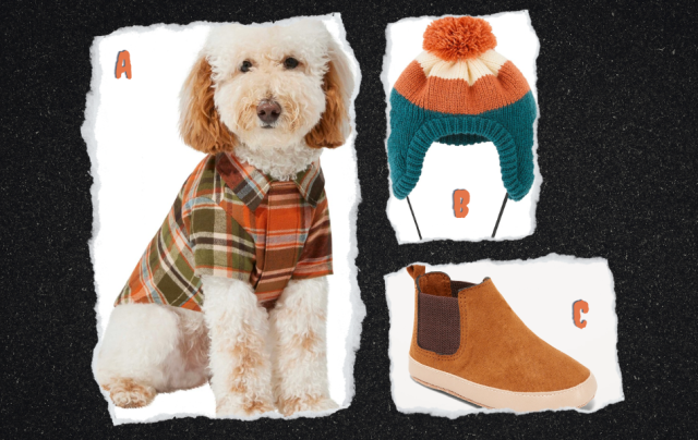 A collage. A: A poodle or labradoodle wearing an orange flannel shirt. B: An orange, white and blue dog beanie. C: Suede Chelsea boots for an infant.