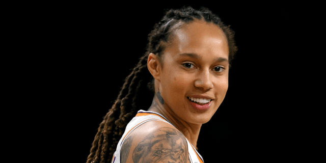 Brittney Griner smiles during a 2021 WNBA game.