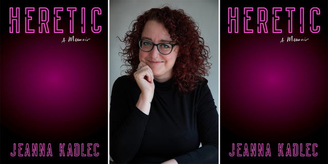 The cover of Heretic: A neon pink light emanating from a black cover / An author profile of Jeanna Kadlec in a black shirt and glasses with her hand propped on her chin