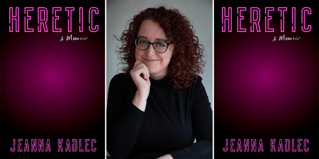 The cover of Heretic: A neon pink light emanating from a black cover / An author profile of Jeanna Kadlec in a black shirt and glasses with her hand propped on her chin