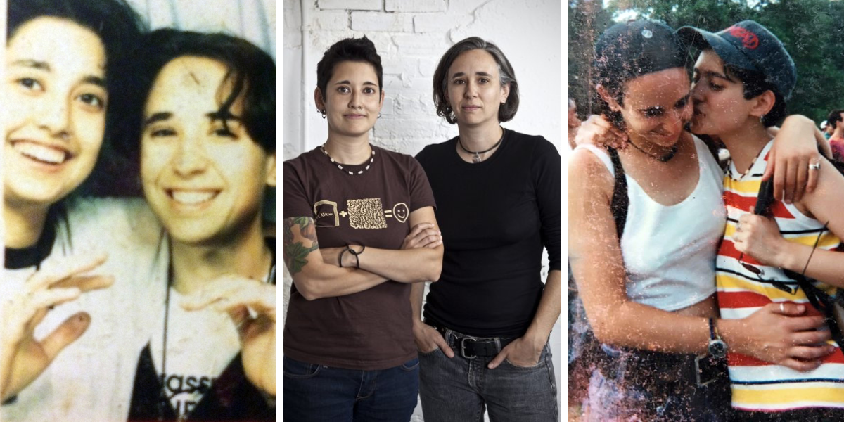 three photos of tracy and mia. In the center photo, Tracy is a half-Filipina woman with short, dark hair. Mia is a white woman with short gray hair cut in a short bob. Tracy wears a tee shirt and stands with arms folded. Mia wears a black three quarter sleeve shirt and stands with hands in her jean pockets. To the left is an old photo fo the couple from their younger years, smiling inside of a photo booth. To the right is also an older photo of the couple kissing outside. Mia is wearing a white tank and Tracy a striped tank.