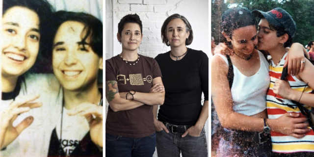 three photos of tracy and mia. In the center photo, Tracy is a half-Filipina woman with short, dark hair. Mia is a white woman with short gray hair cut in a short bob. Tracy wears a tee shirt and stands with arms folded. Mia wears a black three quarter sleeve shirt and stands with hands in her jean pockets. To the left is an old photo fo the couple from their younger years, smiling inside of a photo booth. To the right is also an older photo of the couple kissing outside. Mia is wearing a white tank and Tracy a striped tank.
