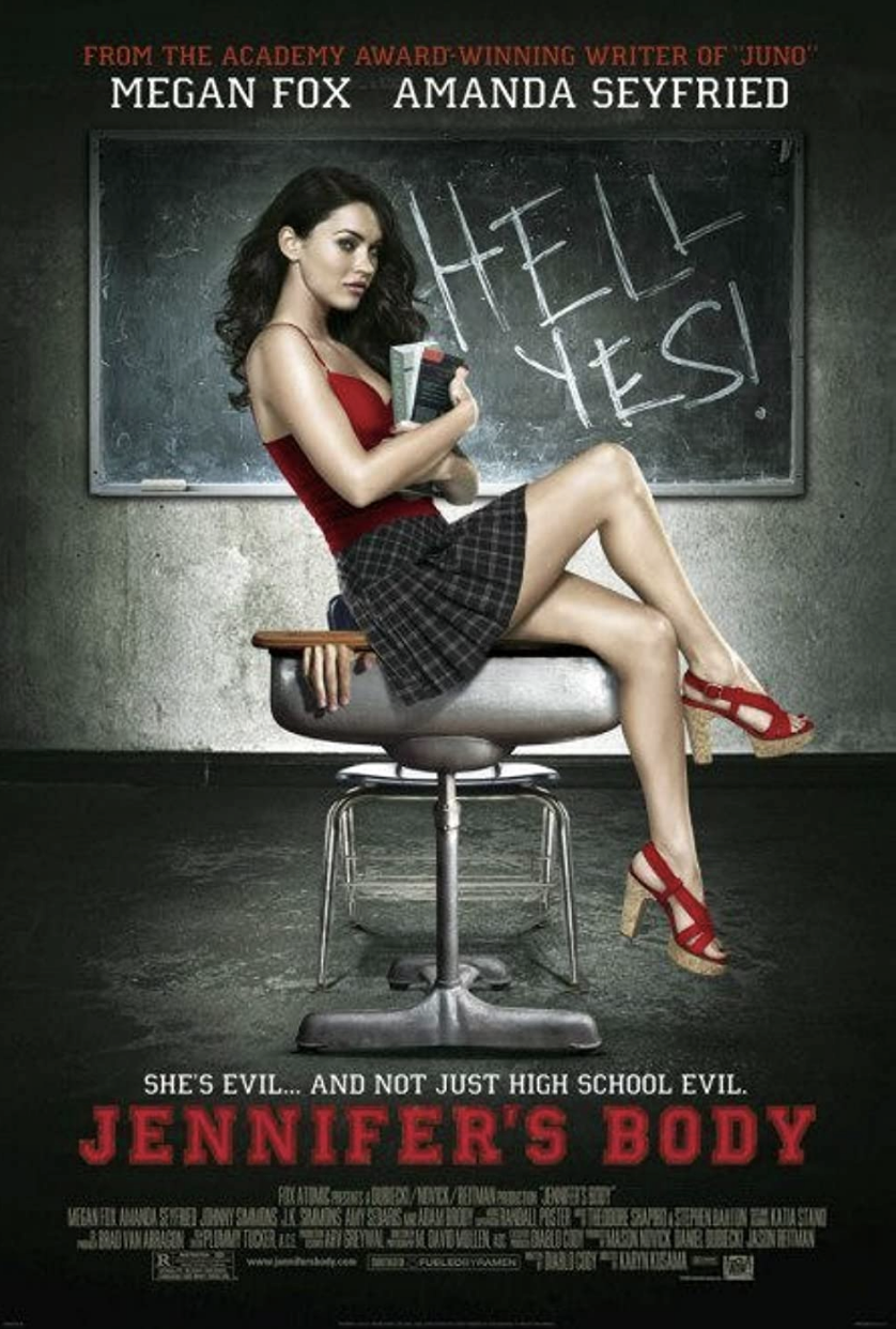 the cover of Jennifer's body showing Megan Fox balanced on a desk out of which is hanging a dead man's hand. she is wearing a short plaid skirt, red top and espadrilles. on the chalk board behind her is scrawled "Hell Yes"