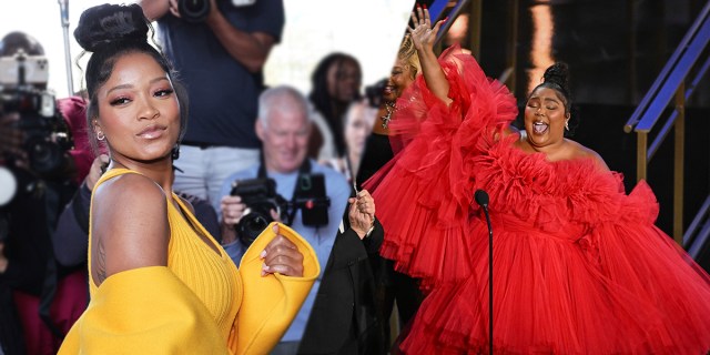 Keke Palmer in a yellow dress / Lizzo in a red dress