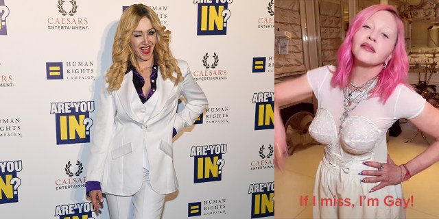Madonna in a white suit on the red carpet / Madonna with pink hair standing in her bathroom with a caption that reads "If I miss, I'm gay."
