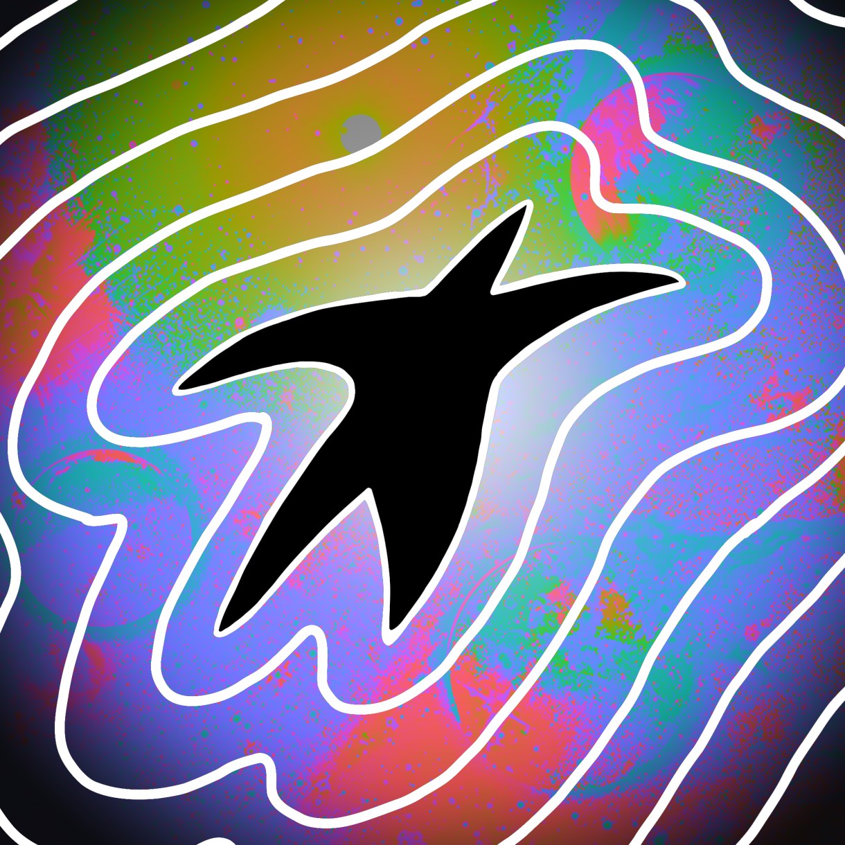 An abstract design with a marbled background and a star-like figure in black floating on top.