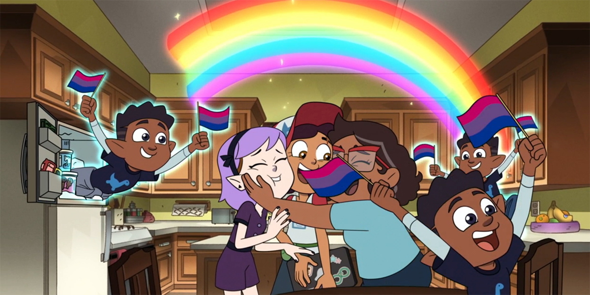 owl house feature image, characters embracing under a rainbow flag