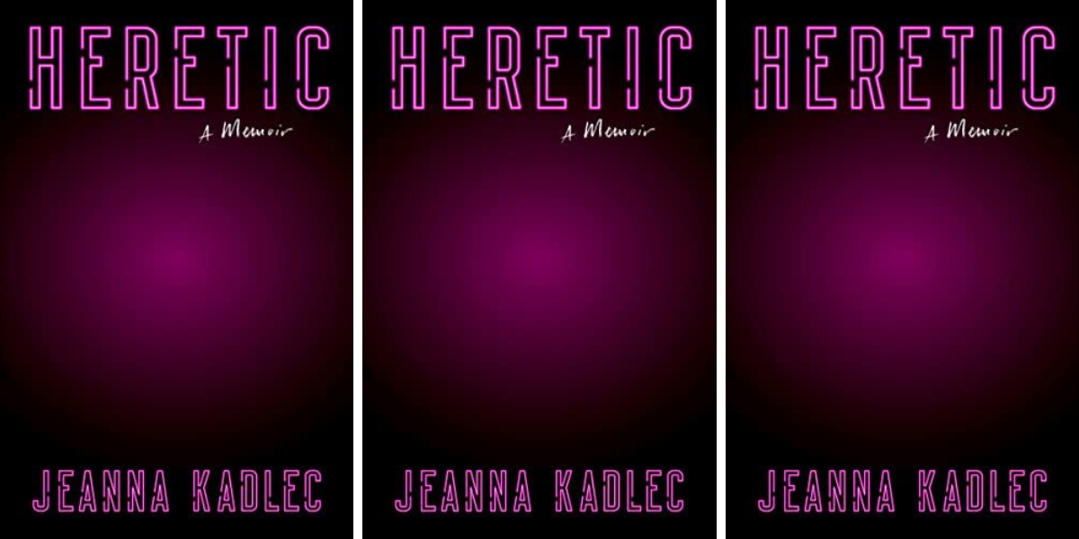 Heretic by Jeanna Kadlec features the title of the book in neon pink letters and a glowing pink light against a dark background