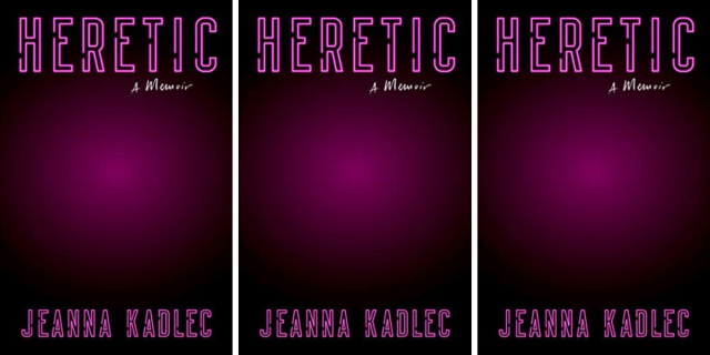 Heretic by Jeanna Kadlec features the title of the book in neon pink letters and a glowing pink light against a dark background