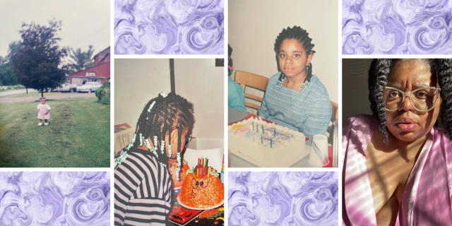 A childhood photo of Dani Janae in a field. A childhood photo of Dani Janae blowing out the candles on an orange birthday cake. A childhood photo of Dani Janae posing with a birthday cake. A present-day photo of Dani Janae wearing a pink top and glasses.