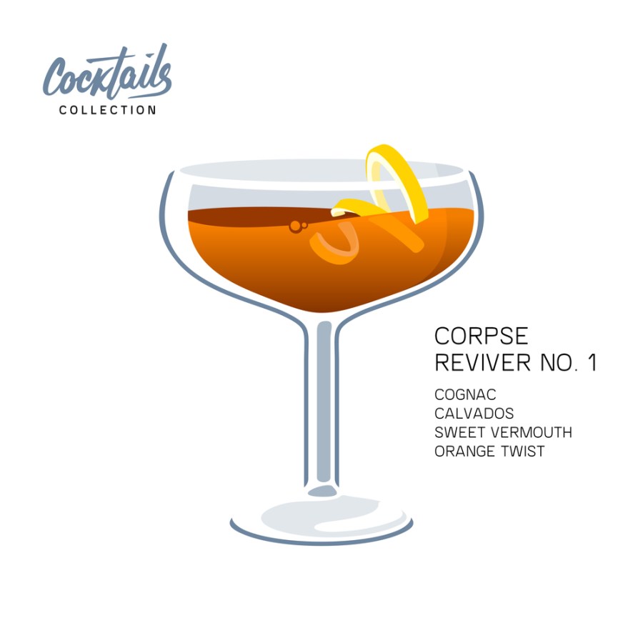 A Corpse Reviver No. 1, made with cognac, calvados, sweet vermouth, and an orange twist.