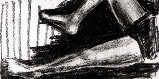 a charcoal life drawing of a pair of human legs, the torso is just out of frame. behind the legs is a blackened expanse of charcoal. the drawing is dark and moody