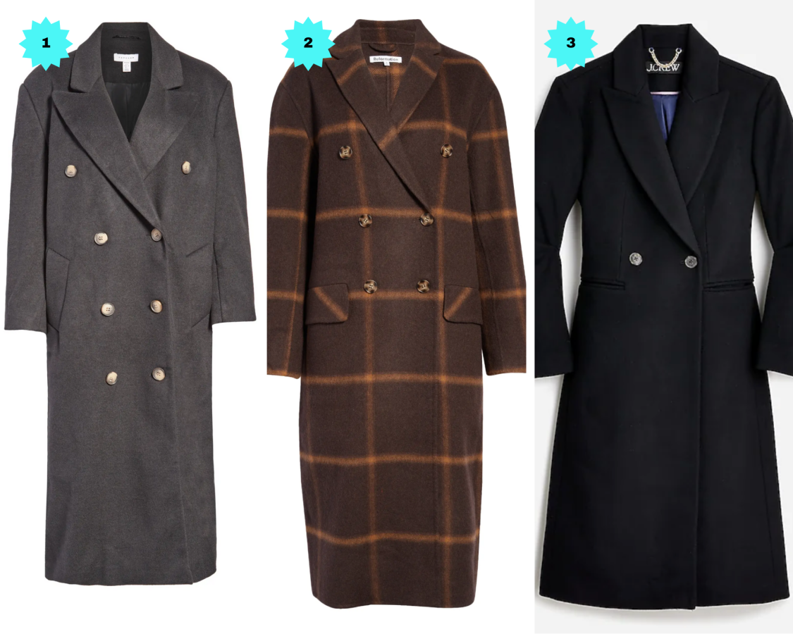 A gray double-breasted coat, a brown plaid double-breasted coat, and a black wool-cashmere coat