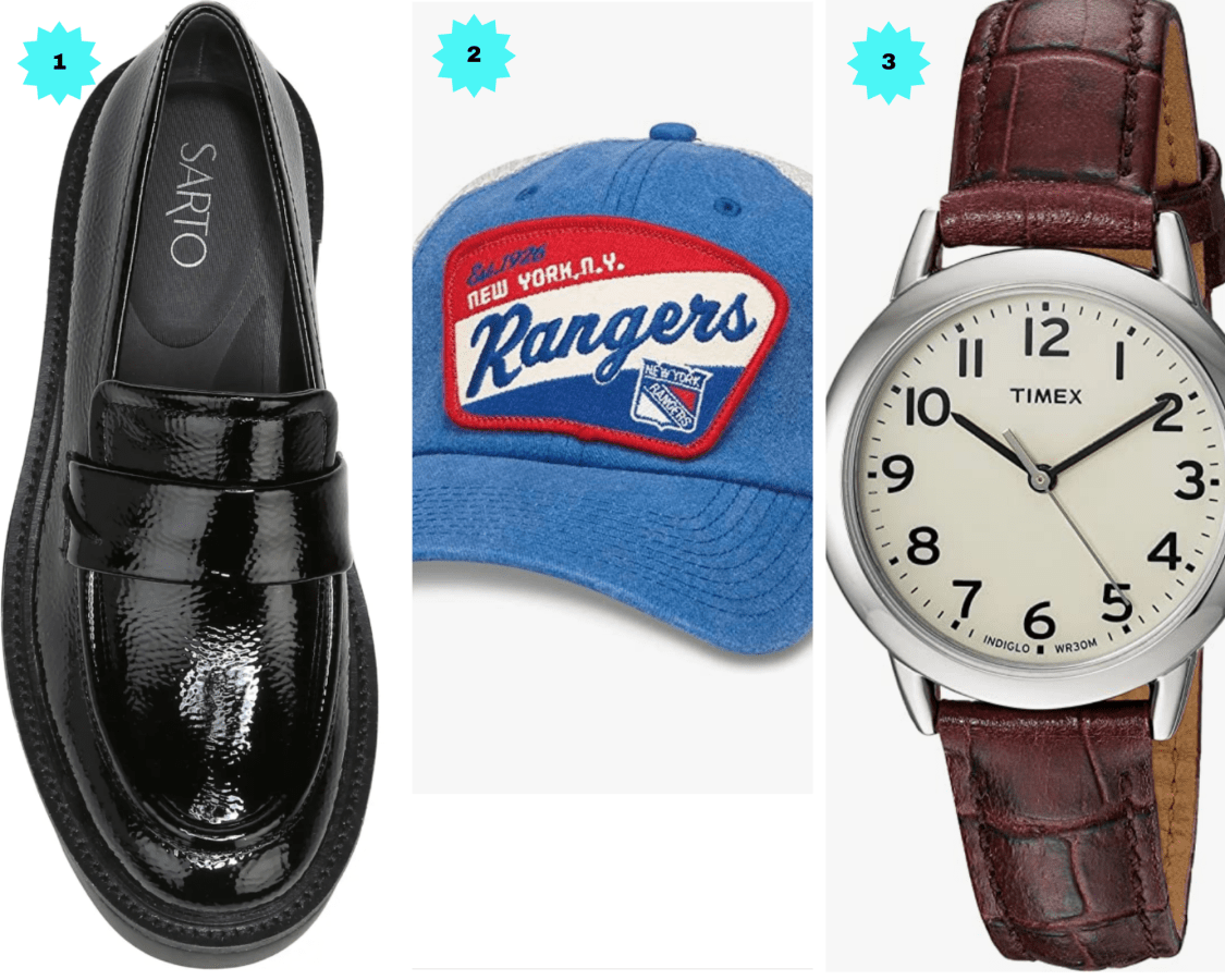 A black leather loafer, a blue New York Rangers hat, and a brown leather strapped Timex wristwatch