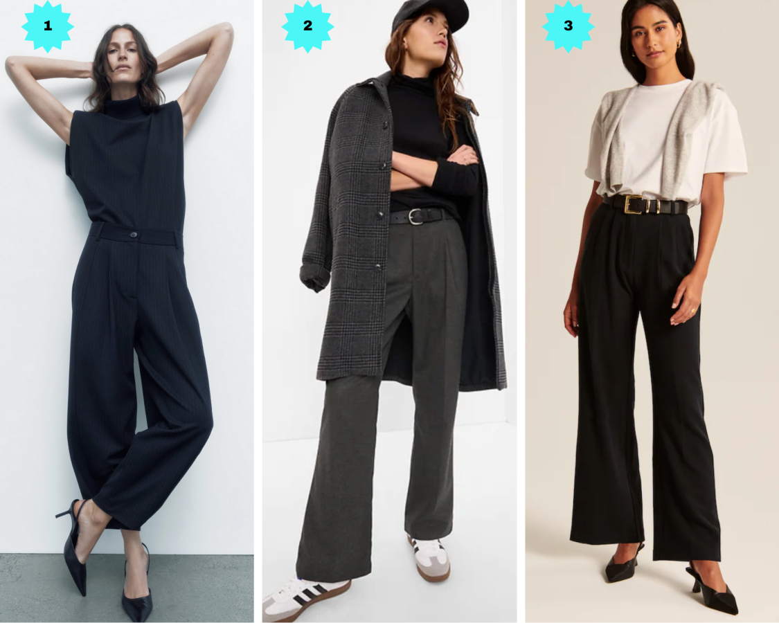 A pair of tapered pinstripe pants in black, a pair of high-rise pleated pants in dark gray, and a pair of wool-blend wide-leg pants in black