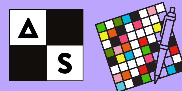 The Autostraddle logo (AS) has been situated inside a tiny crossword grid to the left, and colorful crossword-like puzzle is the right near a pen, all on the A+ lavender background