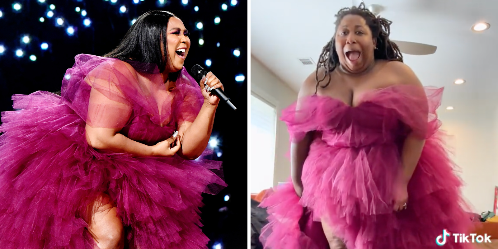 A side-by-side of two photos: on the left, Lizzo is in a pink chiffon fluffy dress performing on stage; on the right, queer poet Aurielle Marie , a nonbinary black femme with dreadlocks down their back, wears the same pink dress while in their living room.