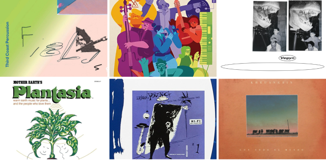A collage of six album covers, from left to right and top to bottom: Fields by Devonté Hynes and Third Coast Percussion, Going Under OST by feasley, Only Diamonds Cut Diamonds by Vegyn, Mother Earth’s Plantasia by Mort Garson, Lester Young With The Oscar Peterson Trio by Lester Young and Oscar Peterson Trio, and Con Todo El Mundo by Khruangbin