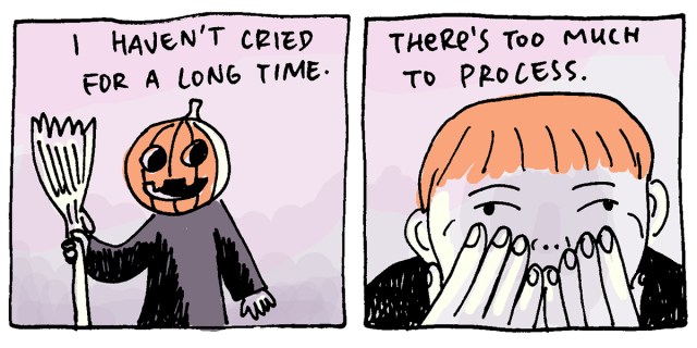 In a two panel comic with a watercolor pink background, there is a orange jack-o-latern head that says "I haven't cried for a long time" and the one next to it shows Baopu in close up, their hands are covering their face, and it reads "There's too much to process"