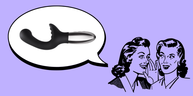 In the bottom right corner of the image, there is a black line drawing of two women with 1950s hairstyles whispering to each other against a lavender background. In the upper left corner, there is a speech bubble. Inside the speech bubble, there is an image of the Le Wand XO, a black, curved vibrator. The insertable portion has a bulbous end, and the external stimulation portion has ridges. The handle is silver with buttons down the middle.