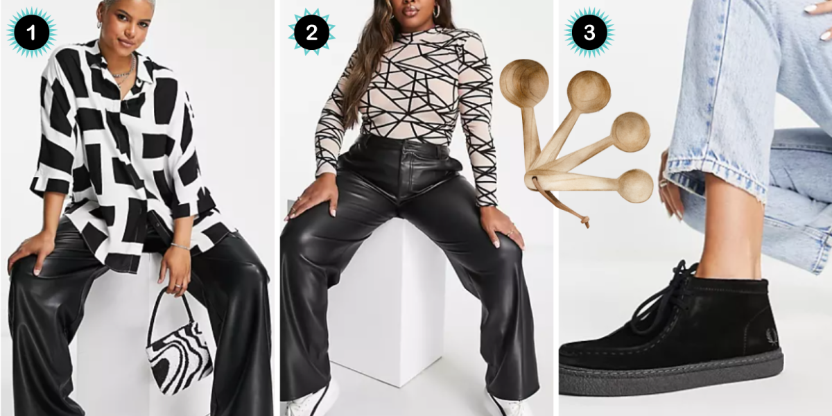 1. A white and black geometrical patterned long sleeve shirt. 2. Black leather look pants. 3. Black sneakers.