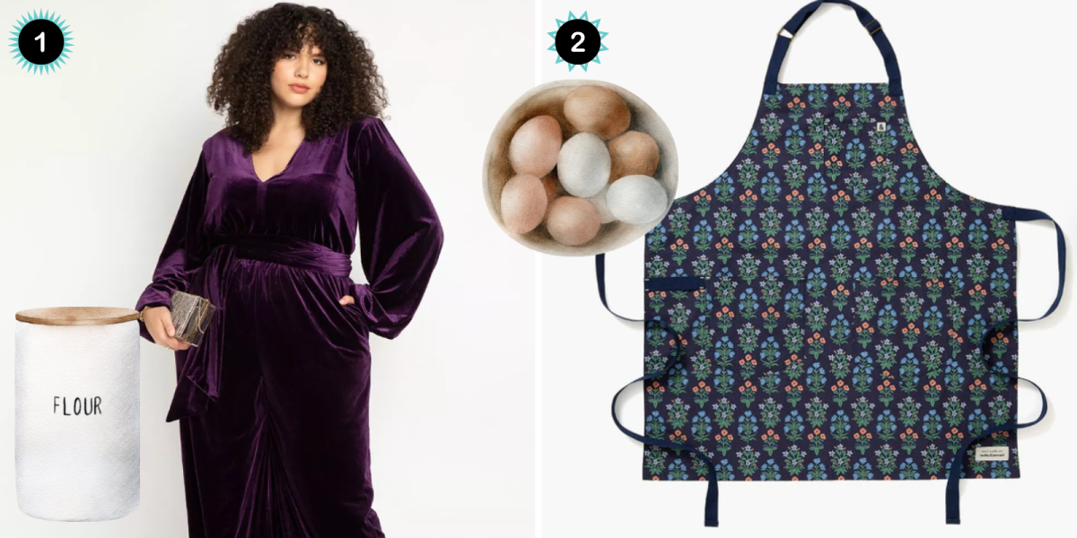 1. A purple velvet wrap dress. 2. An apron with a floral print.