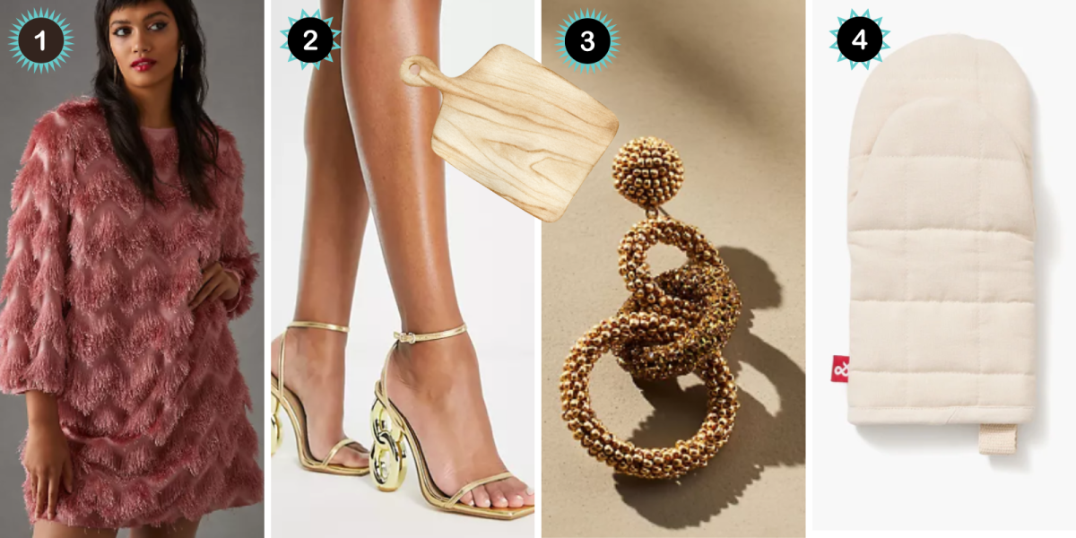 1. A pink fringe dress. 2. Gold heels. 3. A gold earring shaped like three interlinked loops. 4. A white oven mit.