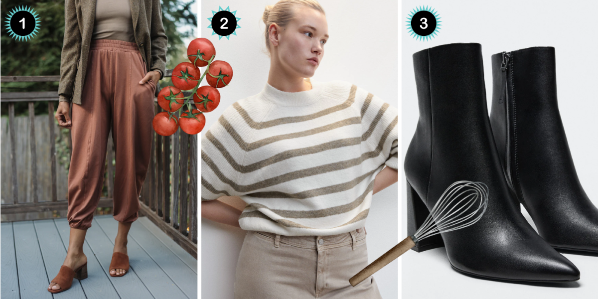 1. A pair of orange drapey pants. 2. A cream and tan striped sweater. 3. A pair of black heeled boots.
